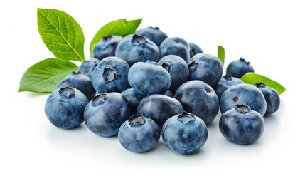 Fototapeta premium Fresh Blueberries with Green Leaves Isolated On White Background