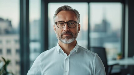 Fototapeta premium A confident middle-aged businessman with glasses, standing in a modern office with a cityscape view in the background.