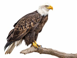 Fototapeta premium Majestic Bald Eagle Perched on a Branch Isolated On White Background