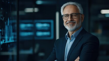 Fototapeta premium Confident senior businessman in modern office, smiling and wearing glasses, arms crossed, with digital screens in background.