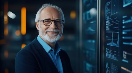 Fototapeta premium Smiling senior professional analyzing data on multiple digital screens, showcasing modern technology and expertise in data science and analytics.