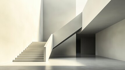Obraz premium Modern Minimalist Interior with Geometric Staircase and Clean Architectural Lines in Neutral Tones