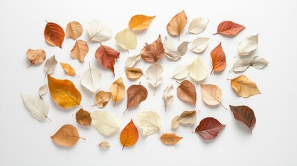 Fototapeta premium Vibrant Autumn Leaves Scattered on White Surface - Nature's Colorful Diversity.