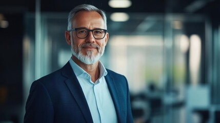 Obraz premium Confident senior business professional in modern office setting, wearing glasses and a suit, representing leadership and experience.