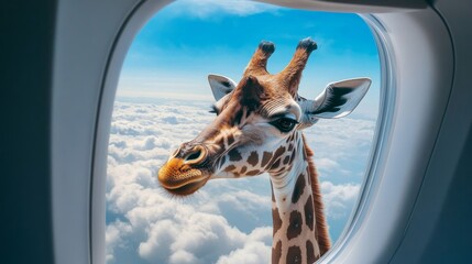 Giraffe peeking through airplane window, whimsical travel concept