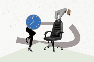 Composite photo collage of bodyless businesswoman dance instead body watch dial hand hold chair...
