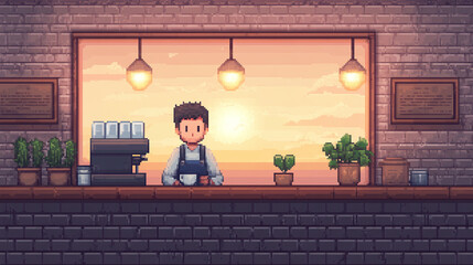 Pixel Art Coffee Shop at Sunset - Cozy Cafe Interior