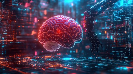 Futuristic brain with robotic arm in digital space.