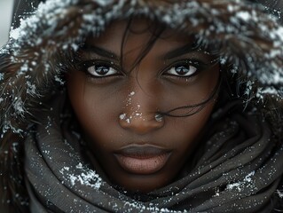 Intense Winter Portrait of a Woman with Snow on Her Face