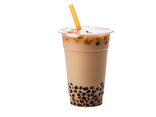 a brown bubble tea in a plastic cup with a straw