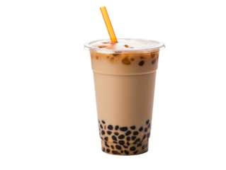 a brown bubble tea in a plastic cup with a straw