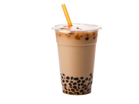 a brown bubble tea in a plastic cup with a straw