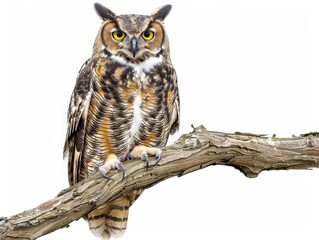 Naklejka premium Great Horned Owl Perched on a Branch Isolated On White Background