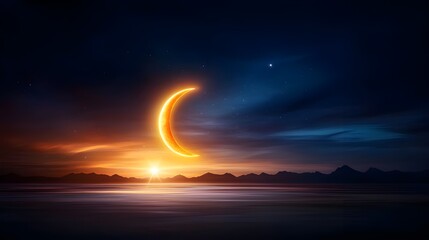 Moon isolated in the sky A crescent moon in the sky next to a bright star at sunset Celestial landscape