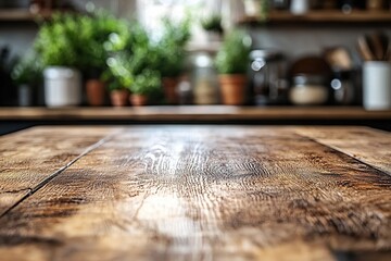 Rustic wooden table with a blurred kitchen background.