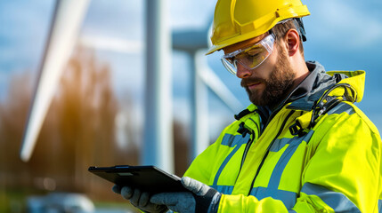 Engineer with tablet at wind turbine site
