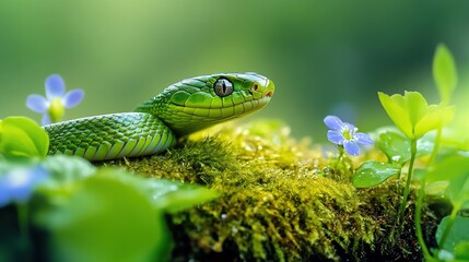 Fototapeta premium Green snake resting on moss with flowers.