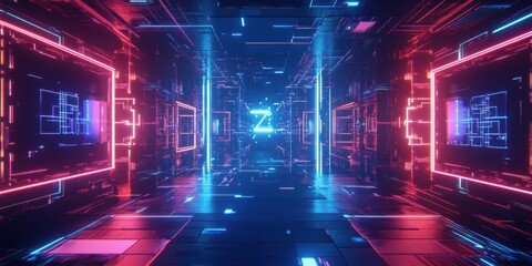 a futuristic city with neon lights and a dark corridor