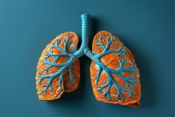 Top view of a human lungs model with a stethoscope on a blue background for text inscriptions