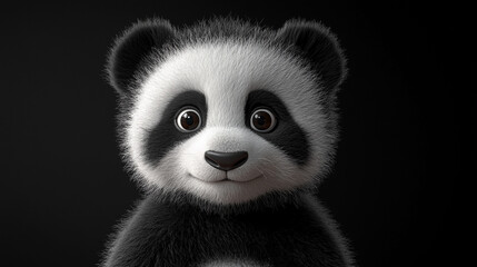 Obraz premium Adorable baby panda with a charming smile and distinct black and white fur, set against a dark background.