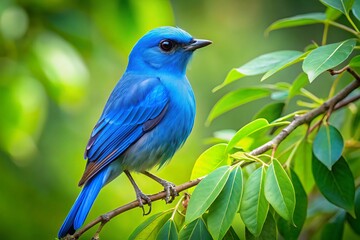 A lovely blue bird sits on a branch, surrounded by vibrant green leaves, harmoniously blending into its natural