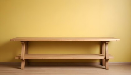 A wooden table or shelf against a plain yellow wall.