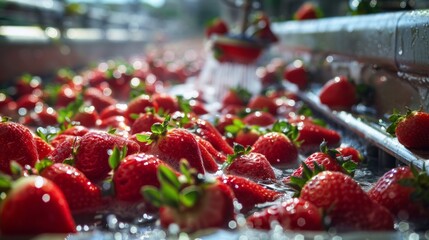 A bunch of strawberries are being washed in a machine