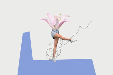 Creative collage young girl body fragment legs dance step raise leg headless pms menstruation...