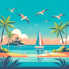 The illustration captures a peaceful coastal view featuring a sailboat gliding across calm waters, framed by palm trees and seagulls during sunset.