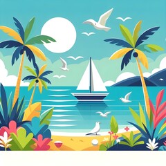 The illustration captures a peaceful coastal view featuring a sailboat gliding across calm waters, framed by palm trees and seagulls during sunset.