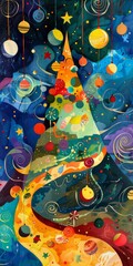Fototapeta premium A colorful Christmas tree with many ornaments hanging from it. The tree is very tall and has a long, winding trunk. The ornaments are of various shapes and sizes