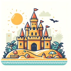 A colorful beach scene featuring a detailed sandcastle surrounded by palm trees, beach toys, and seagulls under a bright sun
