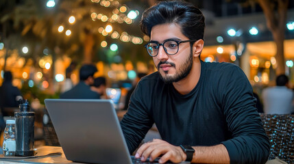 A young entrepreneur working on a laptop in a modern cafe, representing the rise of startups in Pakistan