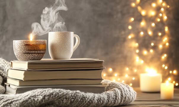 A delightful scene featuring a cozy reading nook with a stack of wellness books