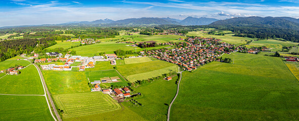 Waakirchen Bavarian Pre Alps Germany. Aerial Panorama. Summer