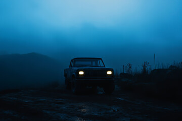 Fototapeta premium A car is parked in a field at night. The sky is dark and cloudy, and the car is the only thing visible