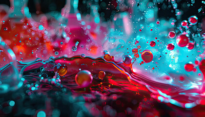 Abstract macro shot of vibrant chemical reactions, featuring colorful liquids and bubbles, creating a dynamic chemistry-themed background for scientific visuals.