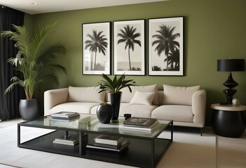 A modern living room with a beige sofa, a black coffee table, and three framed black and white photographs of palm trees on the wall.
