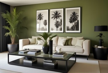 Fototapeta premium A modern living room with a beige sofa, a black coffee table, and three framed black and white photographs of palm trees on the wall.
