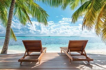 Relaxing beach scene with wooden loungers overlooking the calm sea and vibrant palm trees under a bright blue sky.