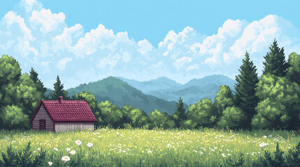 Serene Mountain Cabin Landscape with Lush Meadow - Pixel Art