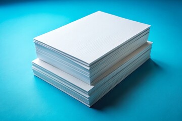 An array of neatly stacked white A4 papers on a vibrant blue background, presented in isometric style, perfect