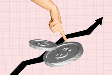 Composite collage picture image of finger point coins trading earning money crypto stock bizarre...