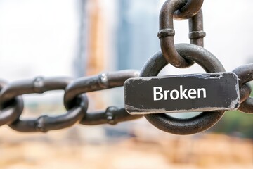 Naklejka premium A close-up of a broken chain link with the word 'Broken' visible. Symbolizes weakness and vulnerability in society.
