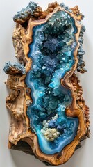 Fototapeta premium Blue Crystal Geode Embedded in Wood: A Stunning Natural Art Piece