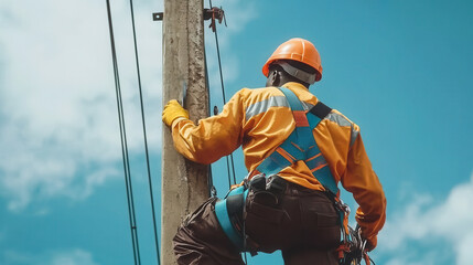 Worker climbing electrical pole outdoors