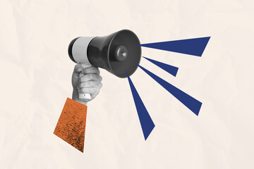 Creative collage human hand hold bullhorn loudspeaker announce protest demonstration information...