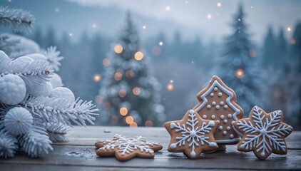 Decorative Christmas cookies on a wooden table with a winter holiday background