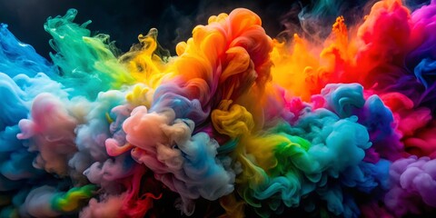 An explosion of vibrant multicolored smoke flows with dynamic fluid motion, forming swirling patterns that captivate