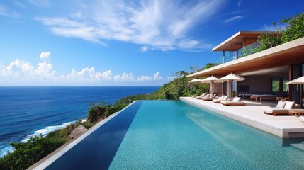 Fototapeta premium Modern villa with infinity pool overlooking the ocean